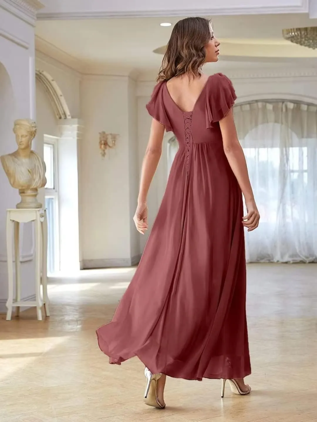 Women's Bridesmaid Dresses with Sleeve Long Summer Side Split Chiffon Formal Evening Gown with Pockets