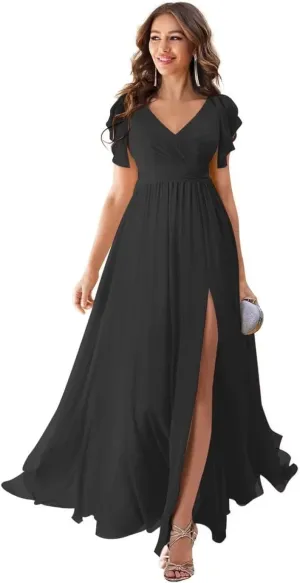 Women's Bridesmaid Dresses with Sleeve Long Summer Side Split Chiffon Formal Evening Gown with Pockets