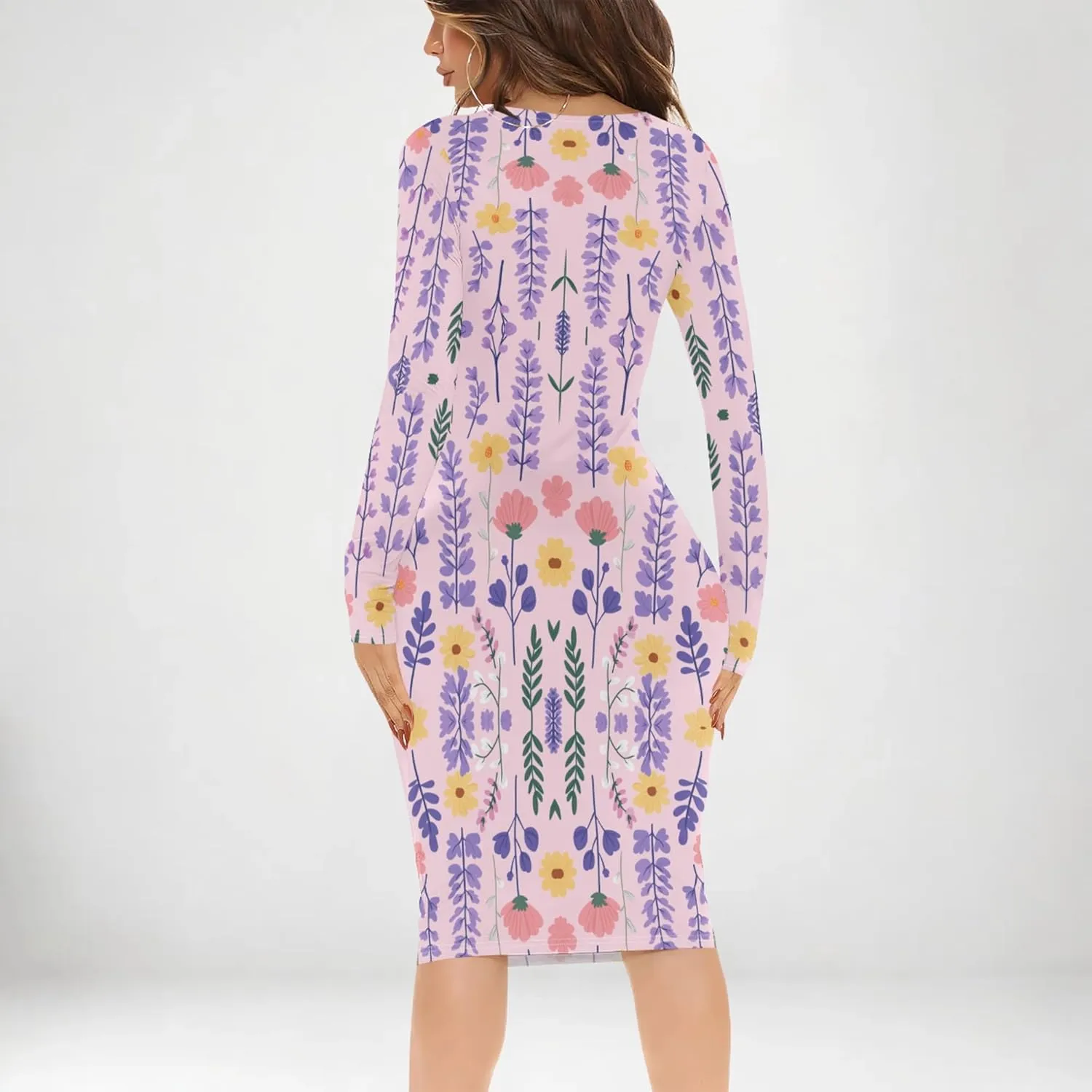 Women's Casual Dress Sexy Long Sleeve Deep V Neck Bodycon Midi Dress Cocktail Party Pencil Dresses