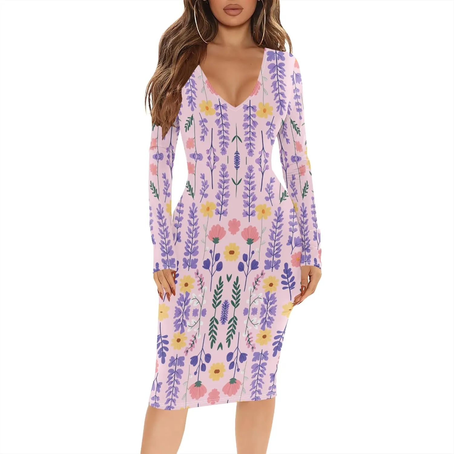 Women's Casual Dress Sexy Long Sleeve Deep V Neck Bodycon Midi Dress Cocktail Party Pencil Dresses