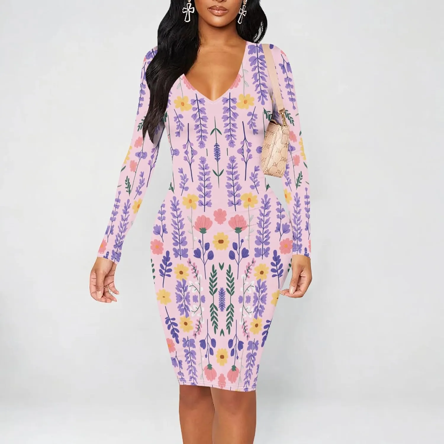 Women's Casual Dress Sexy Long Sleeve Deep V Neck Bodycon Midi Dress Cocktail Party Pencil Dresses