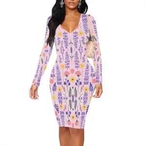Women's Casual Dress Sexy Long Sleeve Deep V Neck Bodycon Midi Dress Cocktail Party Pencil Dresses