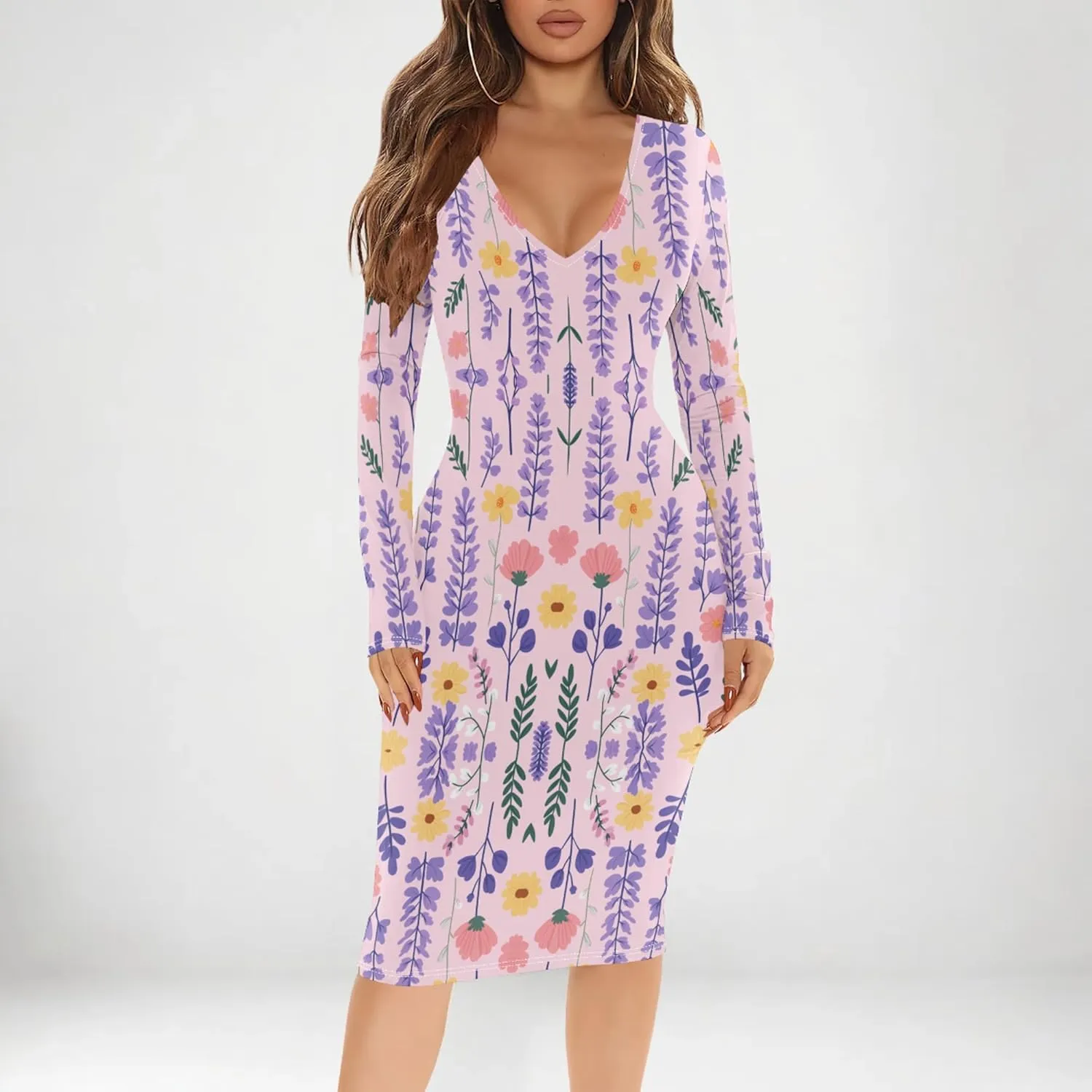Women's Casual Dress Sexy Long Sleeve Deep V Neck Bodycon Midi Dress Cocktail Party Pencil Dresses