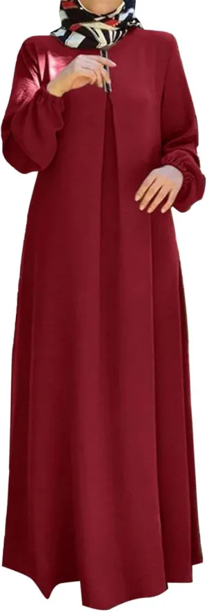 Womens Casual Maxi Dress Chiffon Long Sleeve Mock Neck Robe Abaya Muslim Ramadan Dress Flowy Islamic Evening Gown
