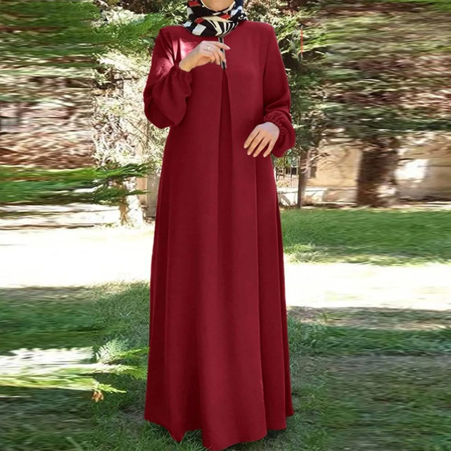 Womens Casual Maxi Dress Chiffon Long Sleeve Mock Neck Robe Abaya Muslim Ramadan Dress Flowy Islamic Evening Gown