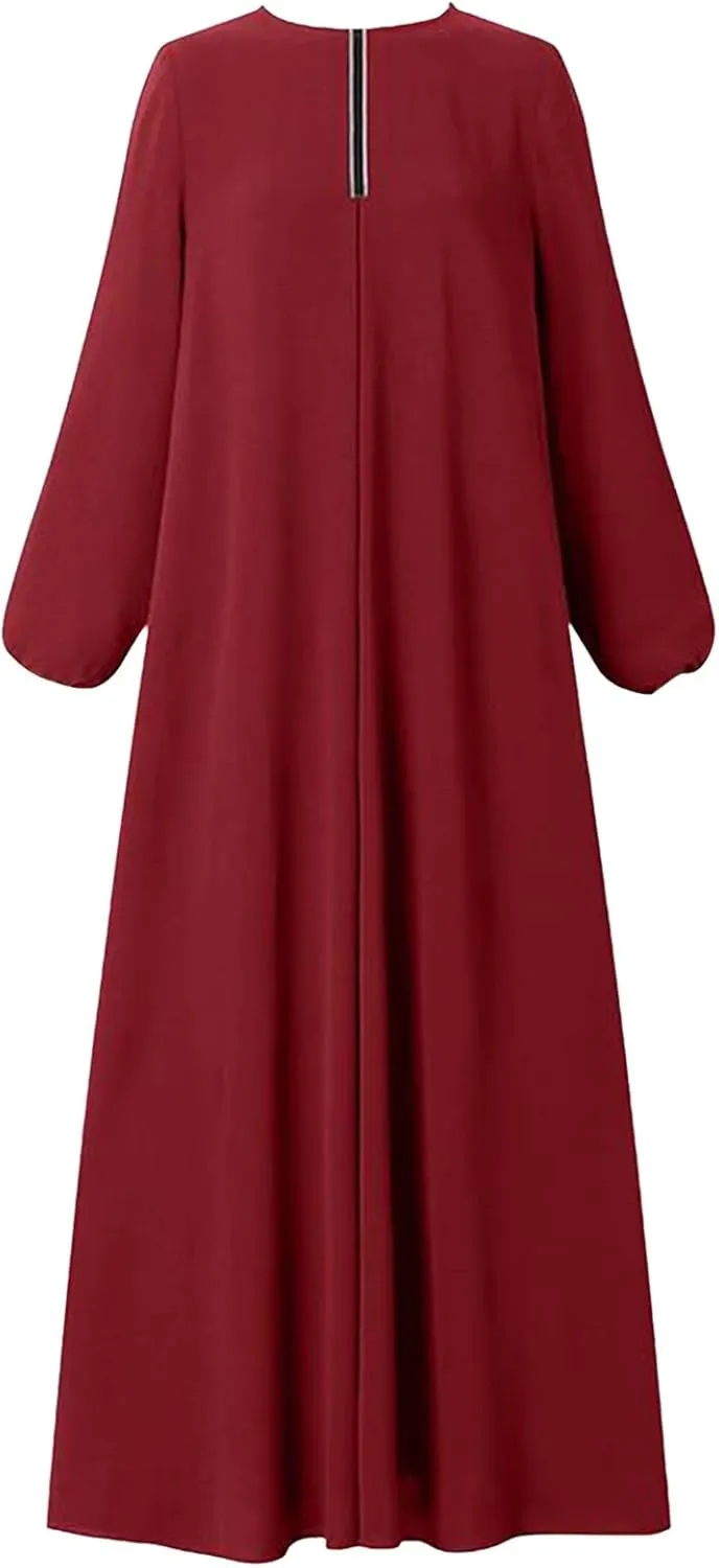 Womens Casual Maxi Dress Chiffon Long Sleeve Mock Neck Robe Abaya Muslim Ramadan Dress Flowy Islamic Evening Gown