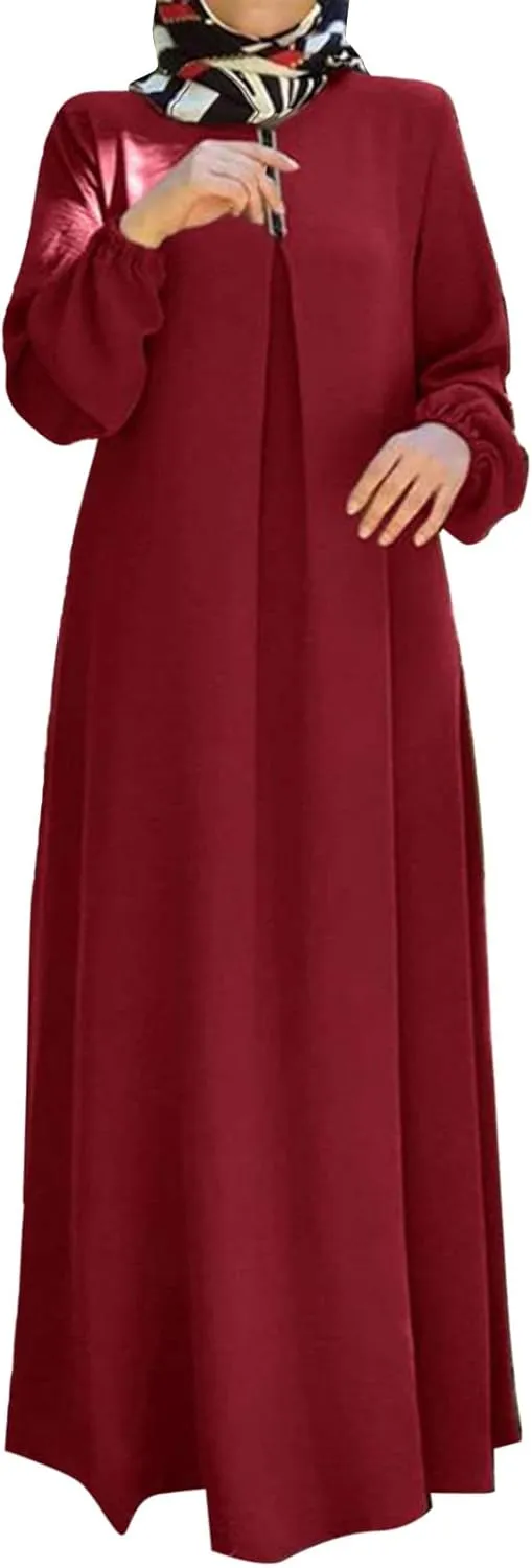 Womens Casual Maxi Dress Chiffon Long Sleeve Mock Neck Robe Abaya Muslim Ramadan Dress Flowy Islamic Evening Gown