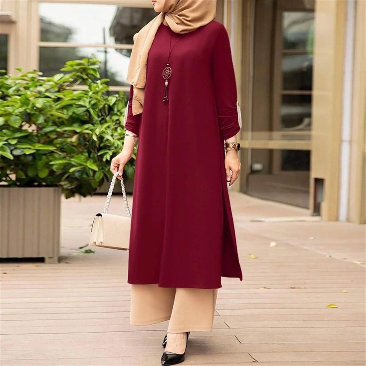 Womens Casual Maxi Dress Chiffon Long Sleeve Mock Neck Robe Abaya Muslim Ramadan Dress Flowy Islamic Evening Gown