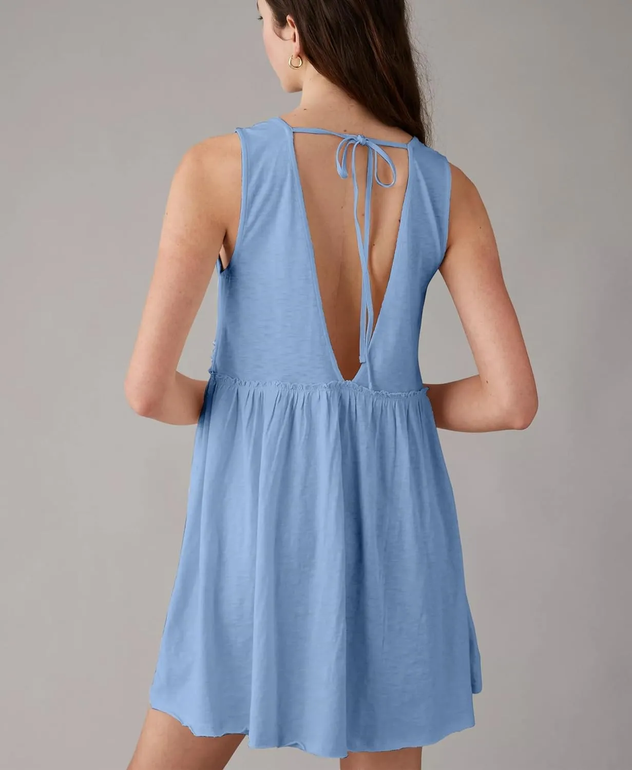 Women's Casual Sleeveless Mini Dress Loose V Neck Backless Pleated Short Tank Sundress with Pockets