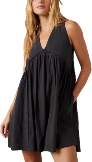 Women's Casual Sleeveless Mini Dress Loose V Neck Backless Pleated Short Tank Sundress with Pockets