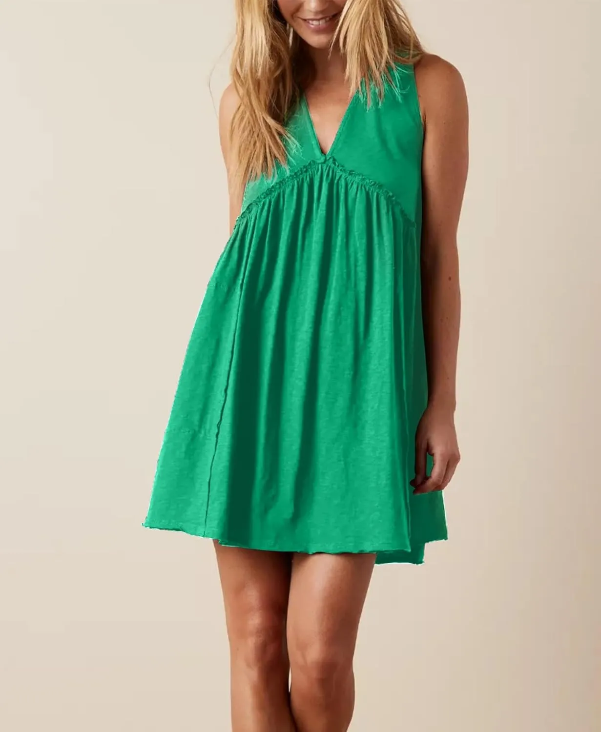 Women's Casual Sleeveless Mini Dress Loose V Neck Backless Pleated Short Tank Sundress with Pockets