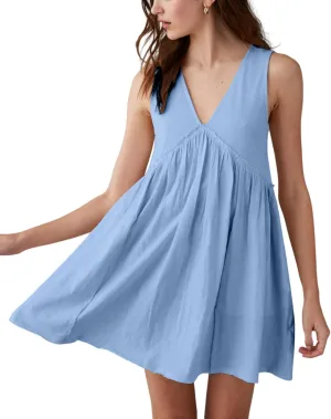 Women's Casual Sleeveless Mini Dress Loose V Neck Backless Pleated Short Tank Sundress with Pockets