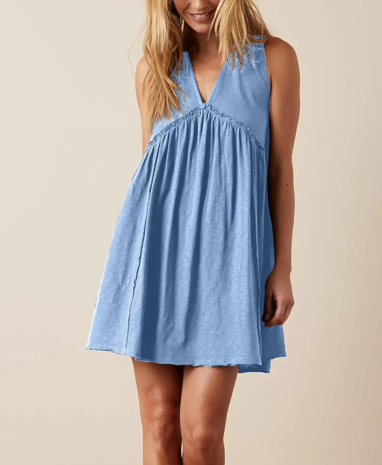 Women's Casual Sleeveless Mini Dress Loose V Neck Backless Pleated Short Tank Sundress with Pockets