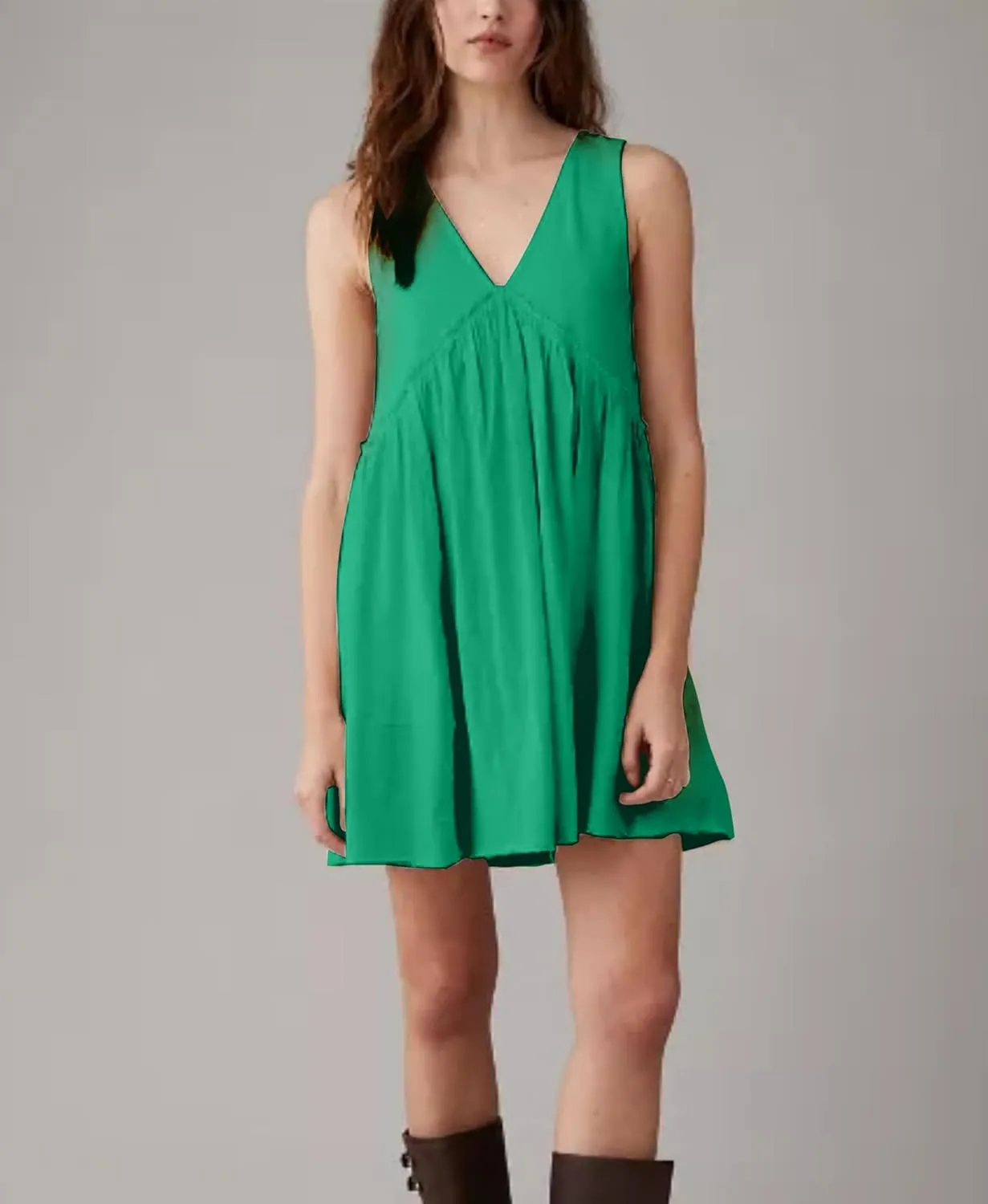 Women's Casual Sleeveless Mini Dress Loose V Neck Backless Pleated Short Tank Sundress with Pockets