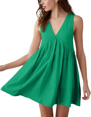 Women's Casual Sleeveless Mini Dress Loose V Neck Backless Pleated Short Tank Sundress with Pockets