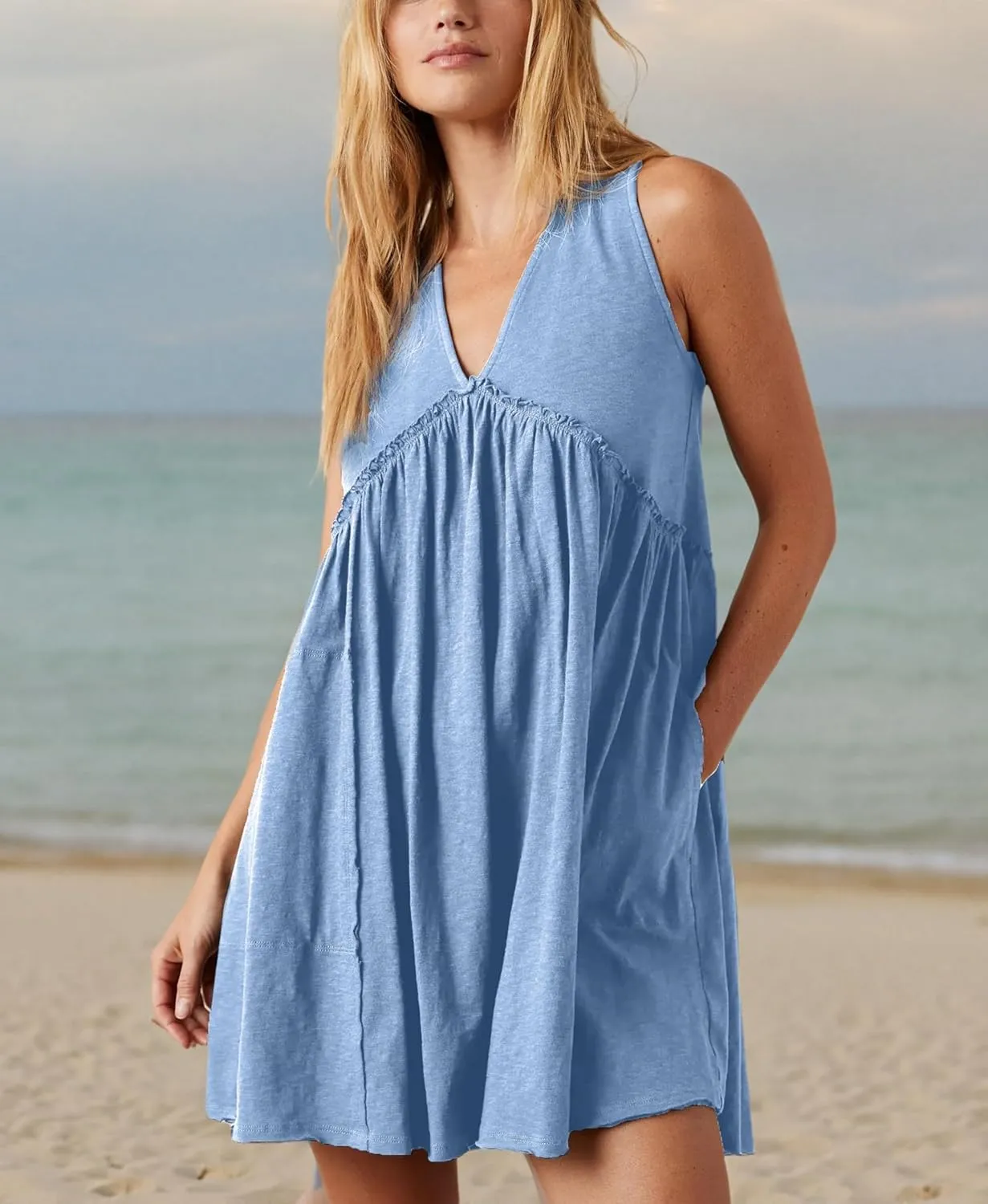 Women's Casual Sleeveless Mini Dress Loose V Neck Backless Pleated Short Tank Sundress with Pockets