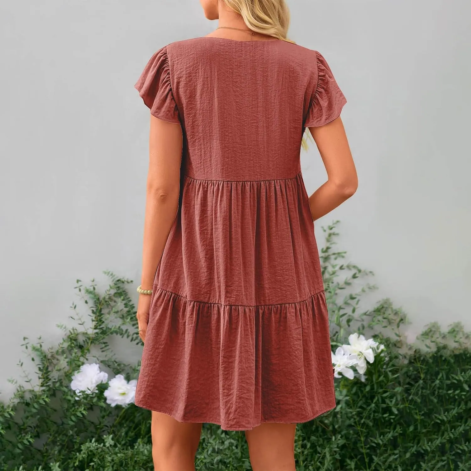 Women's Casual Summer Solid Dresses Short Sleeve Ruffle V Neck Tiered Loose Fitting Mini Dress Sundress