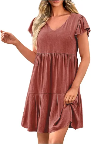 Women's Casual Summer Solid Dresses Short Sleeve Ruffle V Neck Tiered Loose Fitting Mini Dress Sundress
