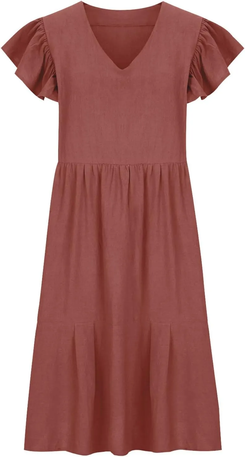 Women's Casual Summer Solid Dresses Short Sleeve Ruffle V Neck Tiered Loose Fitting Mini Dress Sundress