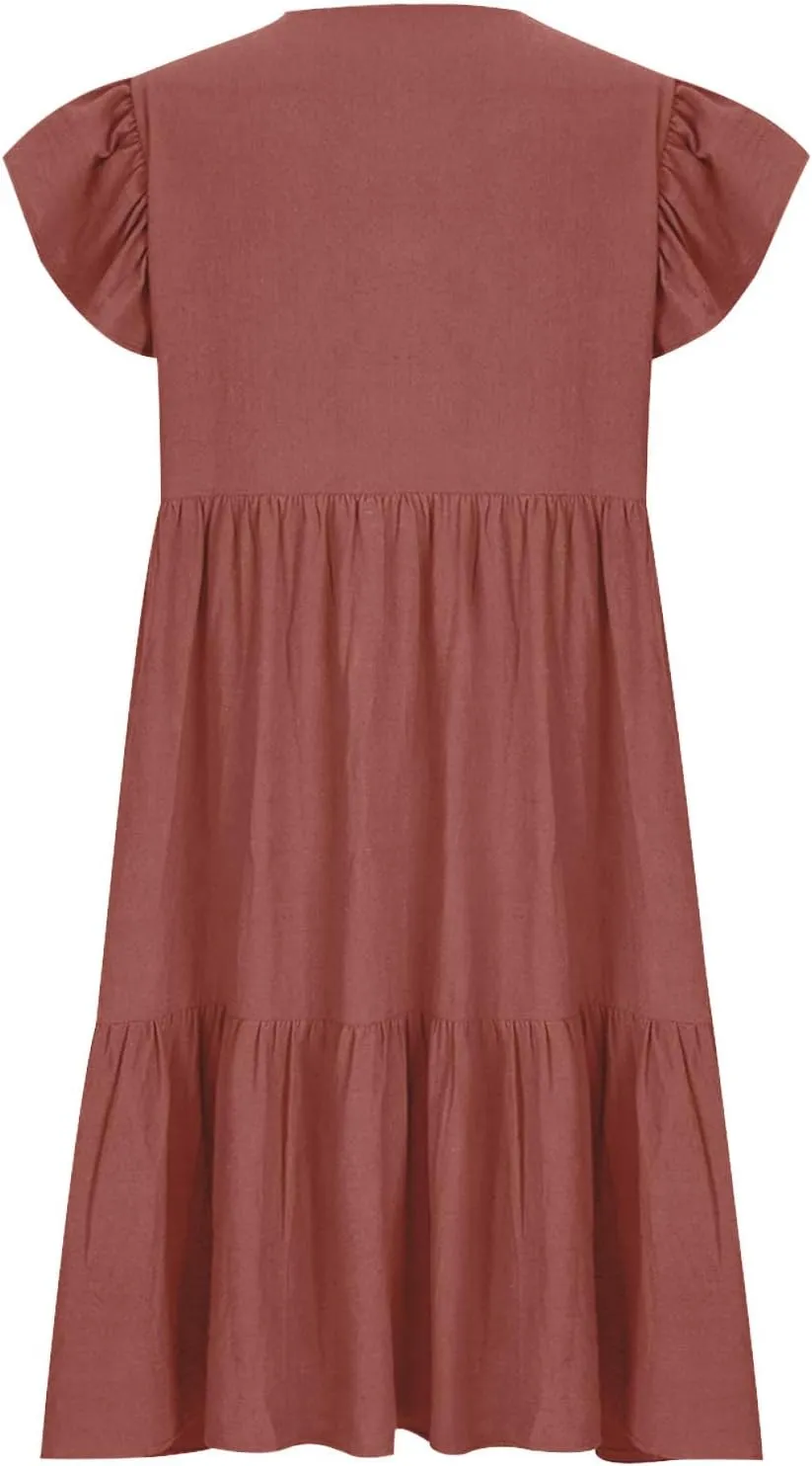 Women's Casual Summer Solid Dresses Short Sleeve Ruffle V Neck Tiered Loose Fitting Mini Dress Sundress