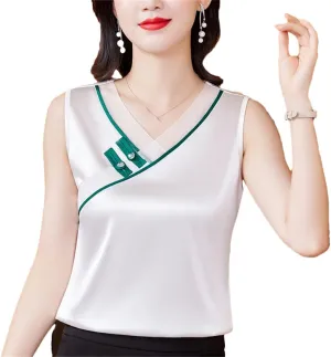 Women's Chinese Style Tank Top Spring Summer Silk Satin Vest V Neck Sleeveless Camisole
