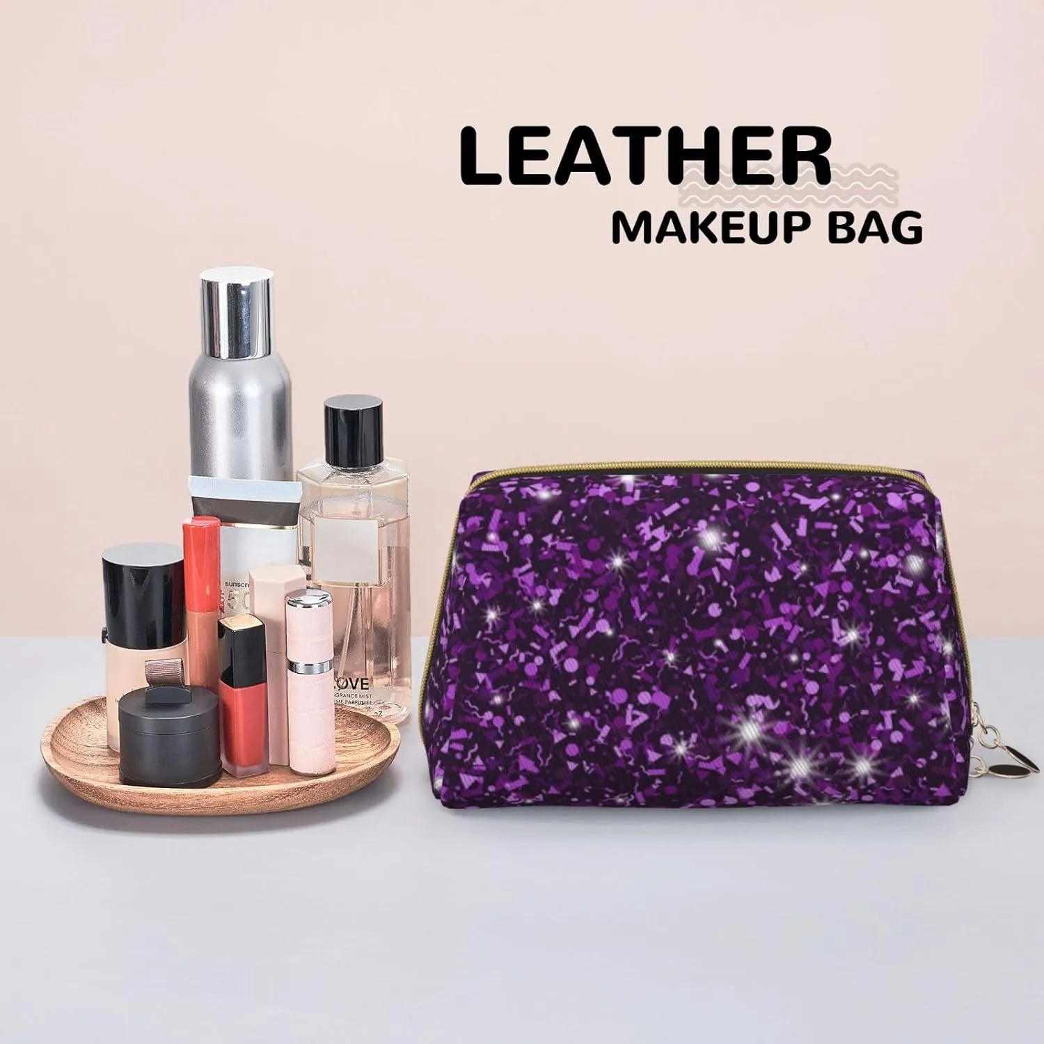Womens Cosmetic Bag Compatible With Beautiful Dark Purple Bling Glitter Sparkles Pattern, Makeup Bag Pouch, Luxury Portable Coin Purse Travel Bags Case Bag with Zipper