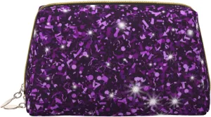 Womens Cosmetic Bag Compatible With Beautiful Dark Purple Bling Glitter Sparkles Pattern, Makeup Bag Pouch, Luxury Portable Coin Purse Travel Bags Case Bag with Zipper