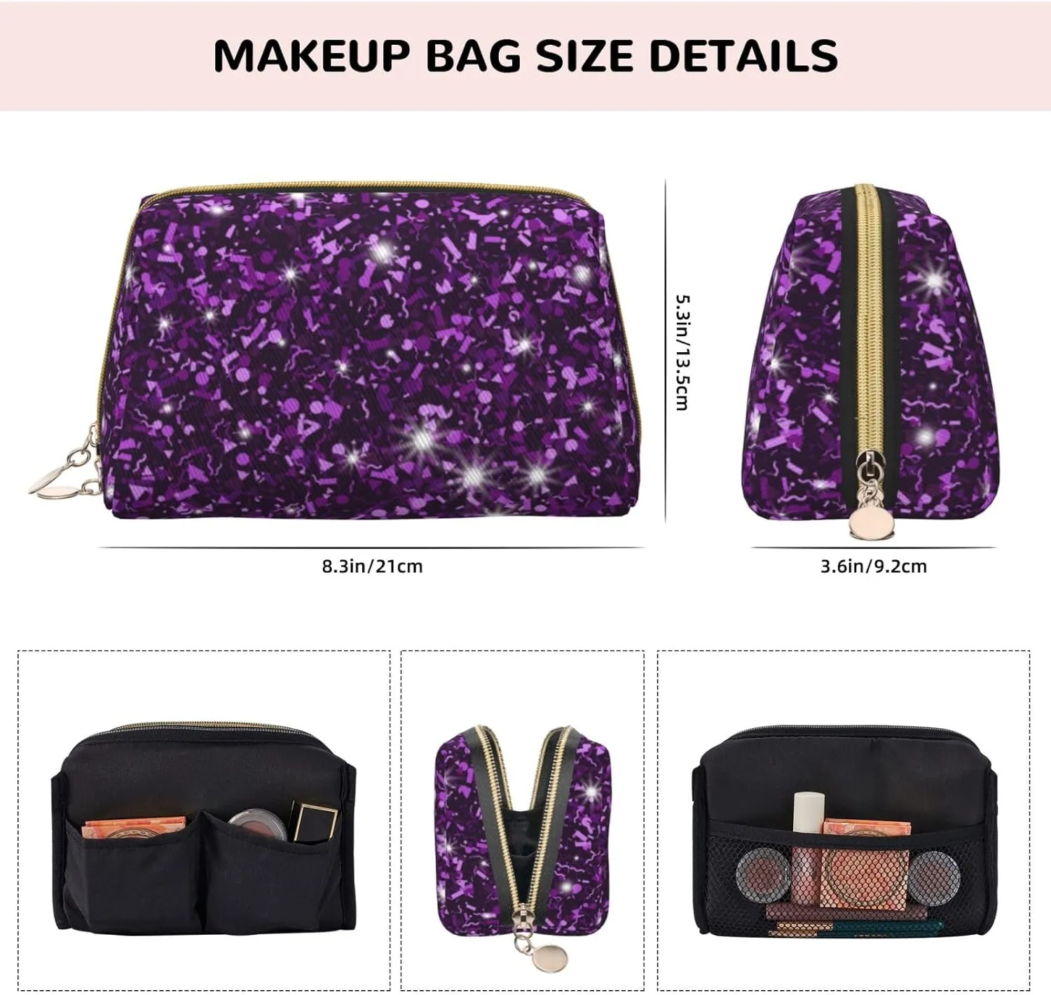 Womens Cosmetic Bag Compatible With Beautiful Dark Purple Bling Glitter Sparkles Pattern, Makeup Bag Pouch, Luxury Portable Coin Purse Travel Bags Case Bag with Zipper