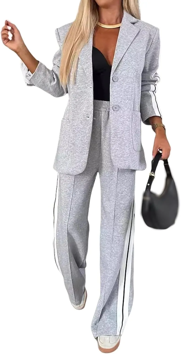 Womens Fall 2 Piece Blazer Set Oversized Jacket Wide Leg Pants Sets Lapel Button Up Blazers Business Casual Outfits Set