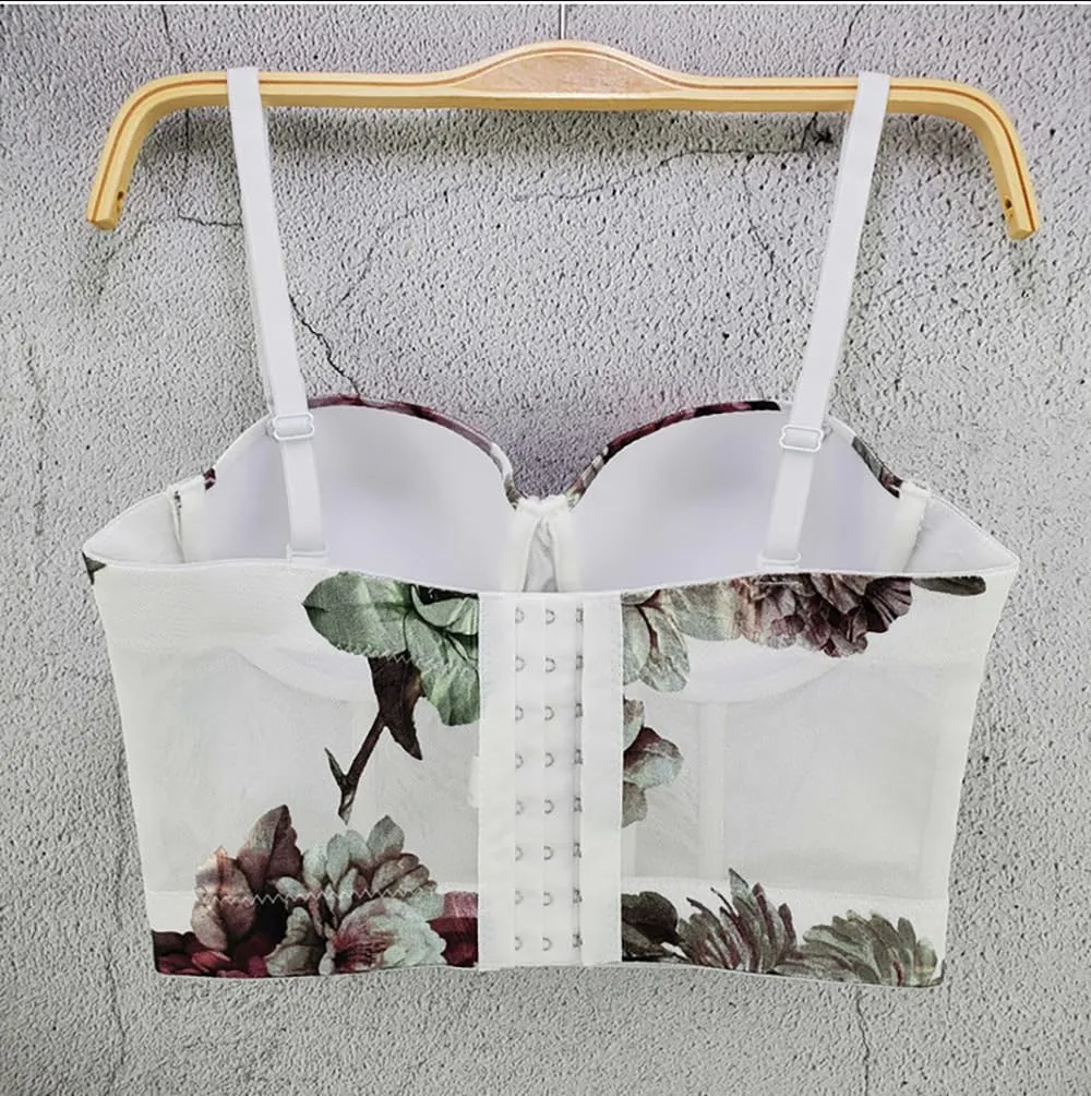 Women's Floral Print Sleeveless Spaghetti Strap Bustier Corset Crop Top Padded Push Up Going Out Tops