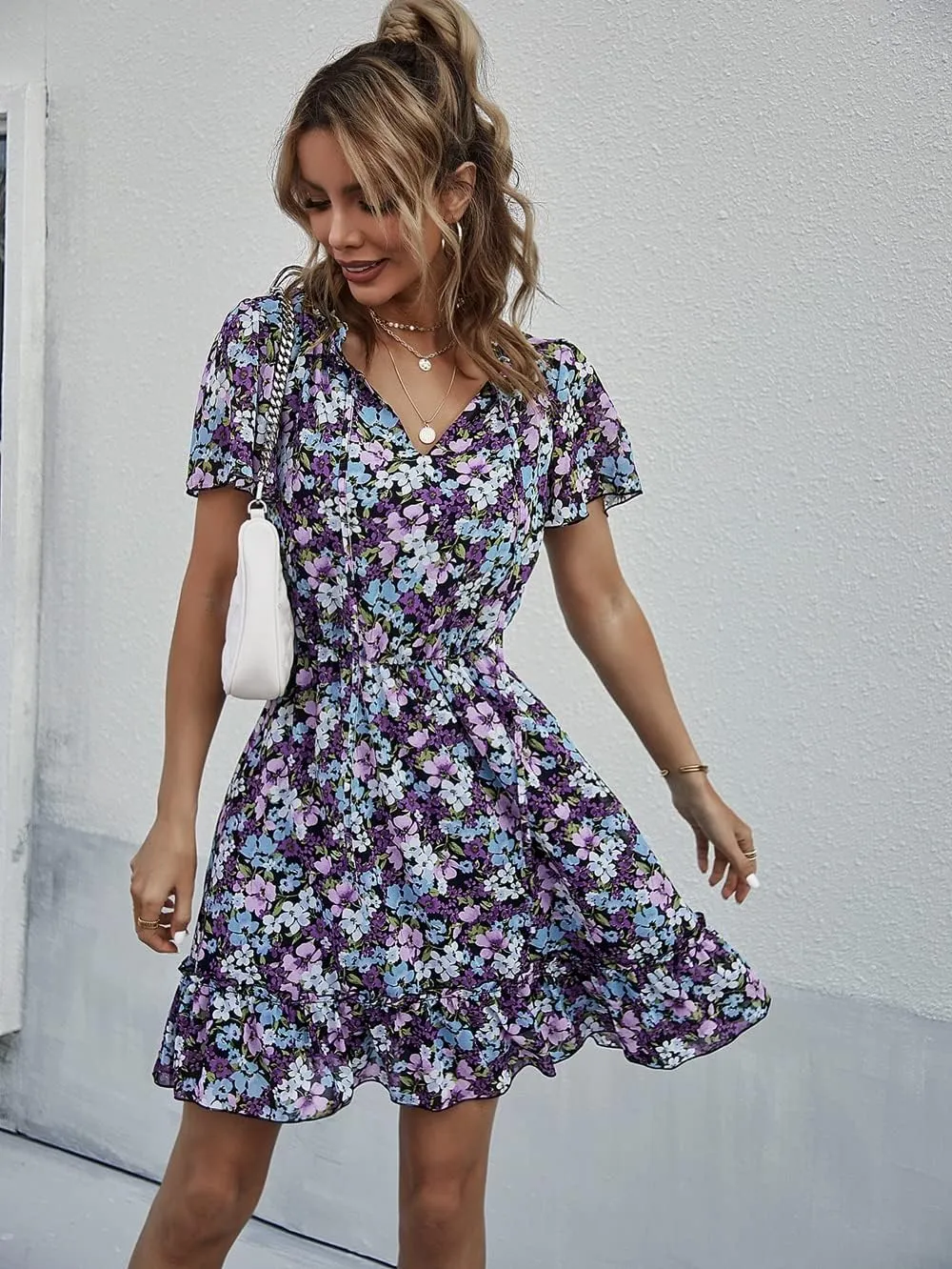 Women's Floral V Neck Casual Short Sleeve Empire Waist A Line Ruffle Flowy Boho Mini Dress