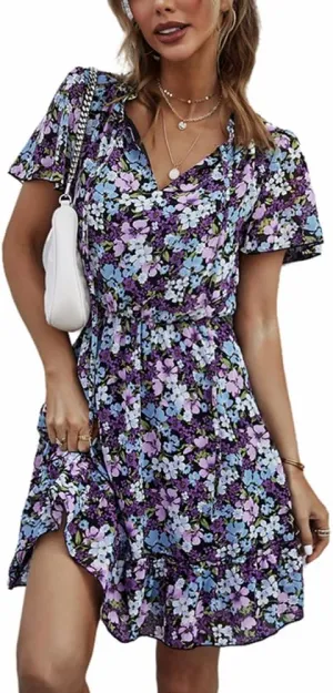 Women's Floral V Neck Casual Short Sleeve Empire Waist A Line Ruffle Flowy Boho Mini Dress
