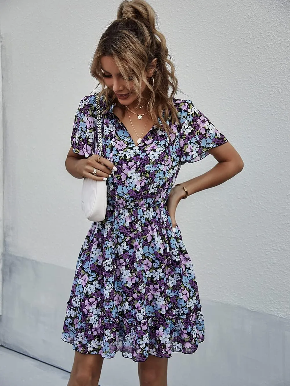 Women's Floral V Neck Casual Short Sleeve Empire Waist A Line Ruffle Flowy Boho Mini Dress