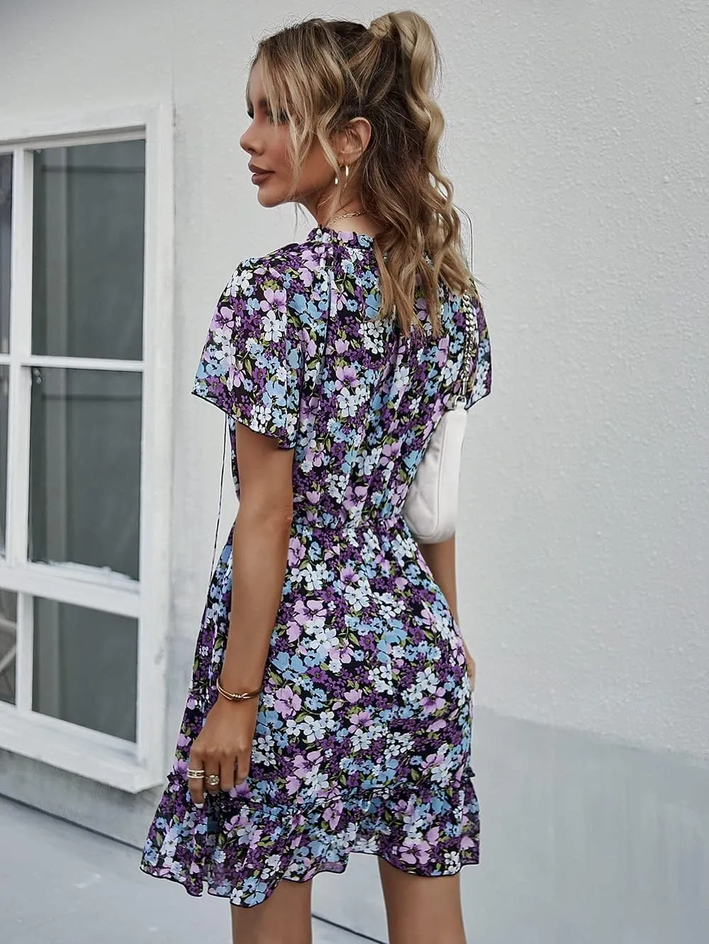 Women's Floral V Neck Casual Short Sleeve Empire Waist A Line Ruffle Flowy Boho Mini Dress