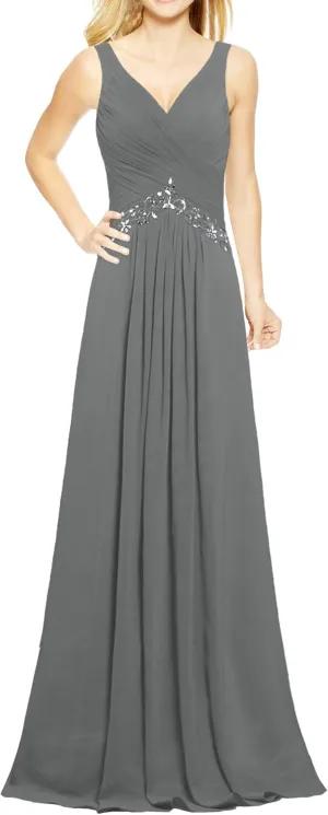 Women's Formal V Neck Sleeveless Long Evening Prom Dresses Gowns