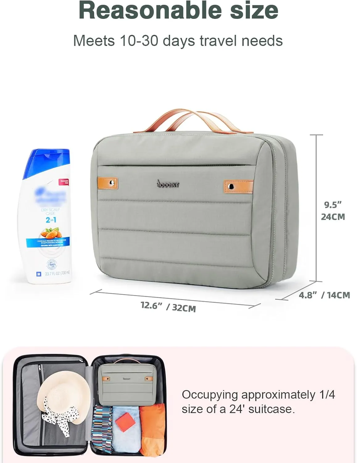 Women's Hanging Toiletry Bag, Waterproof Travel Cosmetic Organizer with Jewelry Storage, Large Capacity Makeup Case for Full-Size Skincare & Bathroom Essentials, Portable Cosmetic kit, Grey