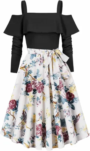 Women's Hepburn Floral Print Dress Long Sleeve Off-Shoulder Dresses Ruffles Patchwork Cocktail Party Evening Gown