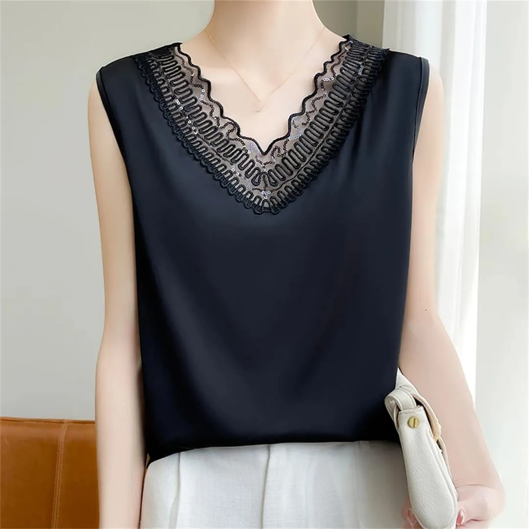 Women's Lace Camisole Vest for Pullover Spring/Summer V-Neck Loose Fit Oversized Silk Satin Sleeveless Top
