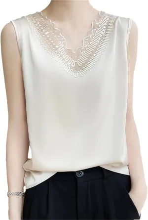 Women's Lace Camisole Vest for Pullover Spring/Summer V-Neck Loose Fit Oversized Silk Satin Sleeveless Top