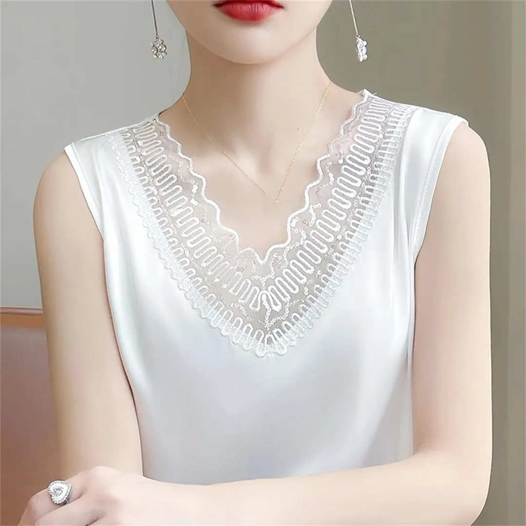 Women's Lace Camisole Vest for Pullover Spring/Summer V-Neck Loose Fit Oversized Silk Satin Sleeveless Top