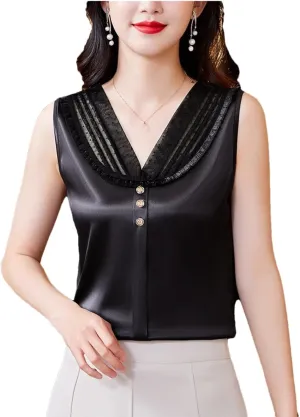 Women's Lace Tank Top Spring Summer Silk Satin Vest Shirt V Neck Sleeveless Camisole