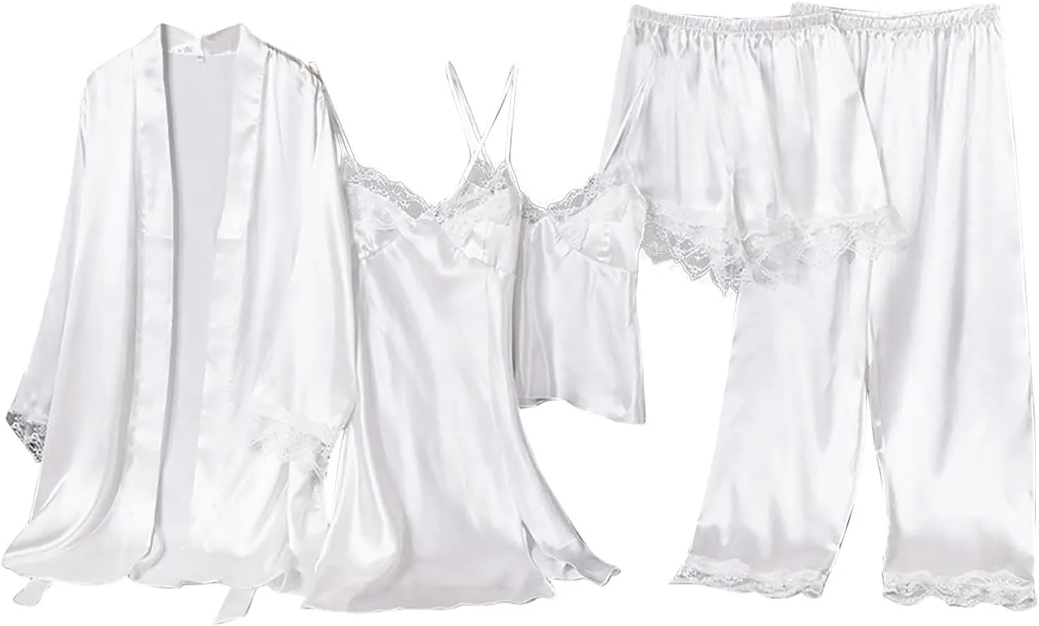 Women's Lace Trim Silk Pajamas 5Pcs Sleepwear Camisole Nightgown Satin Robe Cami Shorts Pj Sets Loungewear Nighty