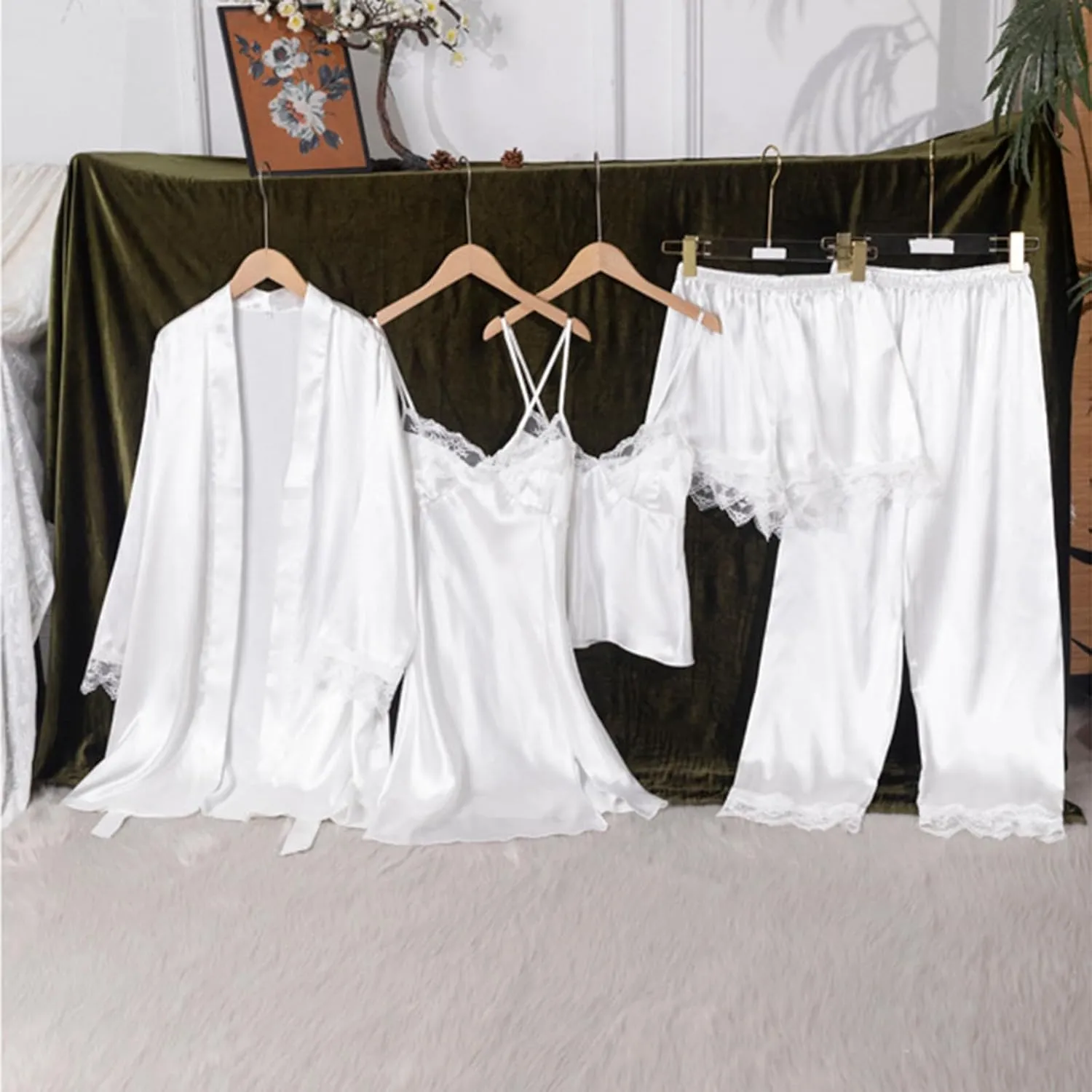 Women's Lace Trim Silk Pajamas 5Pcs Sleepwear Camisole Nightgown Satin Robe Cami Shorts Pj Sets Loungewear Nighty