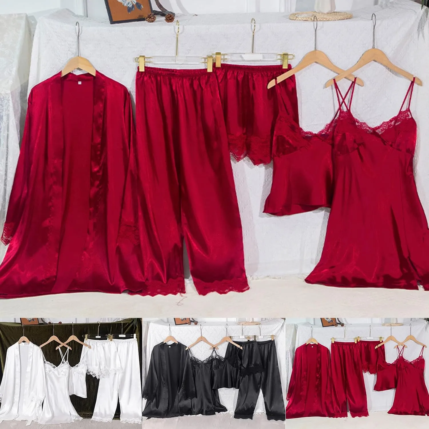 Women's Lace Trim Silk Pajamas 5Pcs Sleepwear Camisole Nightgown Satin Robe Cami Shorts Pj Sets Loungewear Nighty