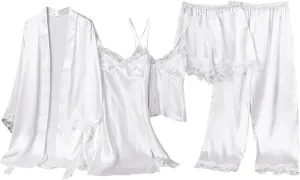 Women's Lace Trim Silk Pajamas 5Pcs Sleepwear Camisole Nightgown Satin Robe Cami Shorts Pj Sets Loungewear Nighty