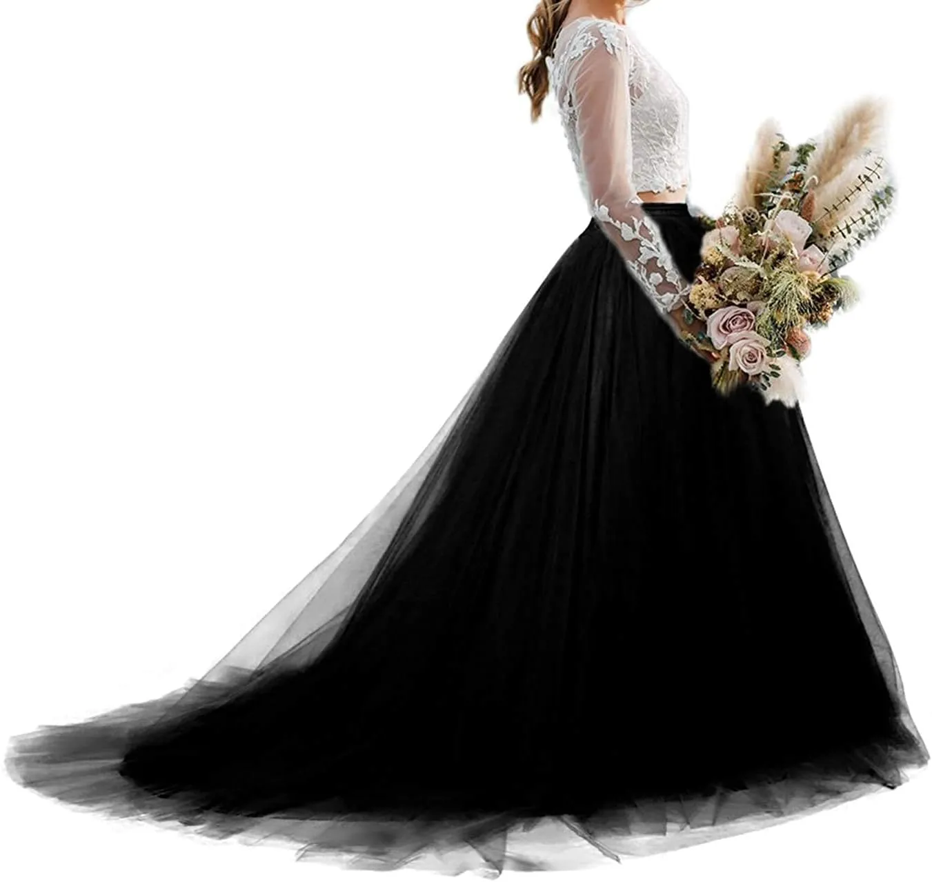 Women's Long Tulle Skirt Ball Gown Wedding Skirt with Long Train for Prom Bridal Overskirt Maxi