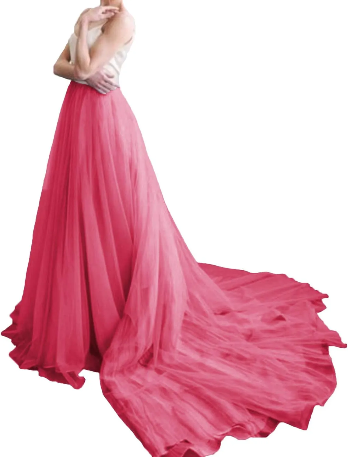 Women's Long Tulle Skirt Wedding Skirt with Long Train for Prom Bridal Overskirt Bridesmaid Maxi Ball Gown