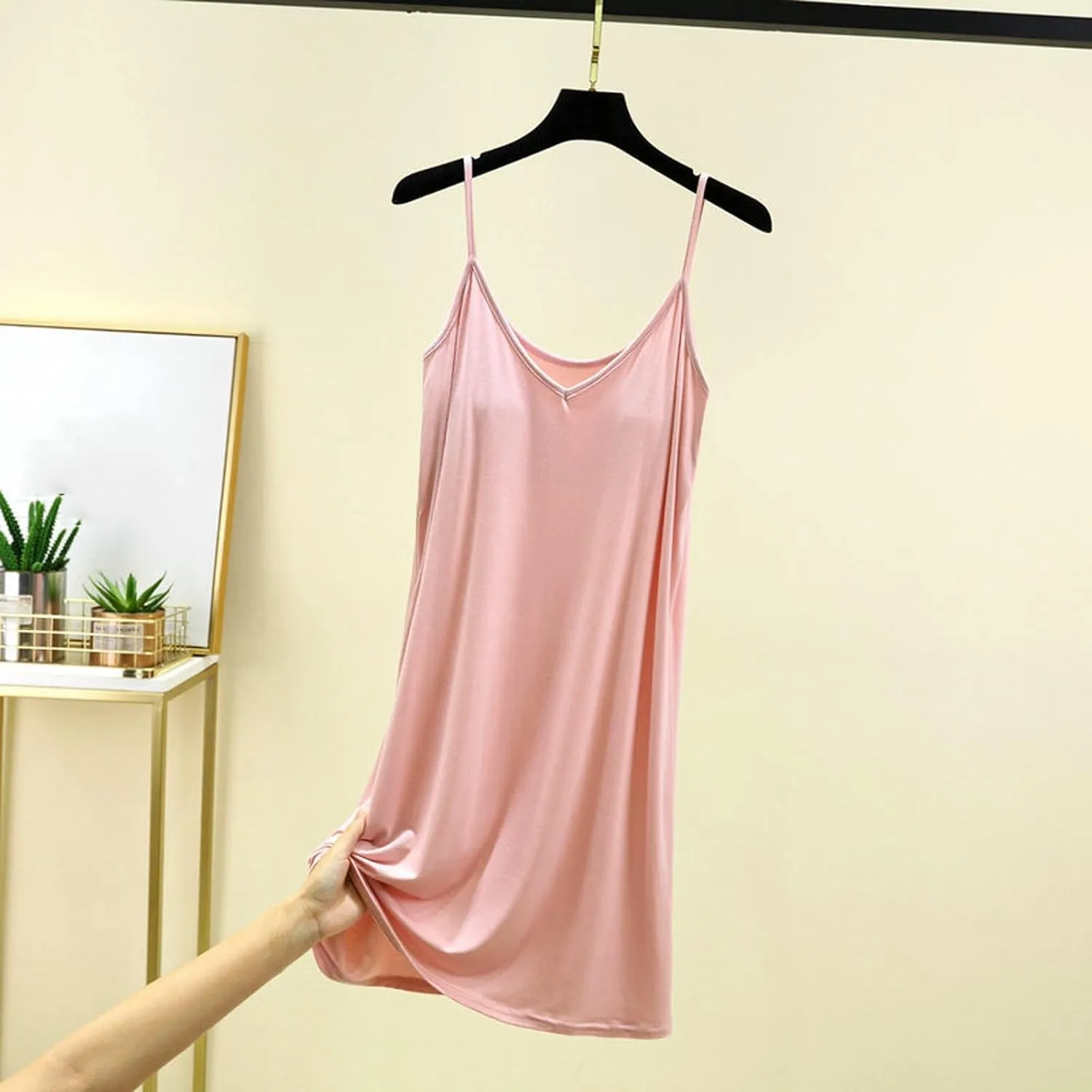 Womens Modal Nightgown Full Slip Midi Loose Dress Built in Padded Bra Sexy Spaghetti Strap Mini Cami Tank Sleepwear