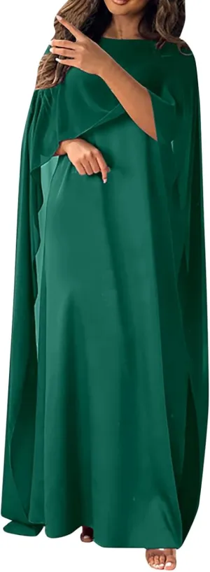 Women's Muslim Chiffon Dress Crew Neck Cloak Sleeve Middle Eastern Robe Long Dresses Cocktail Party Maxi Dress