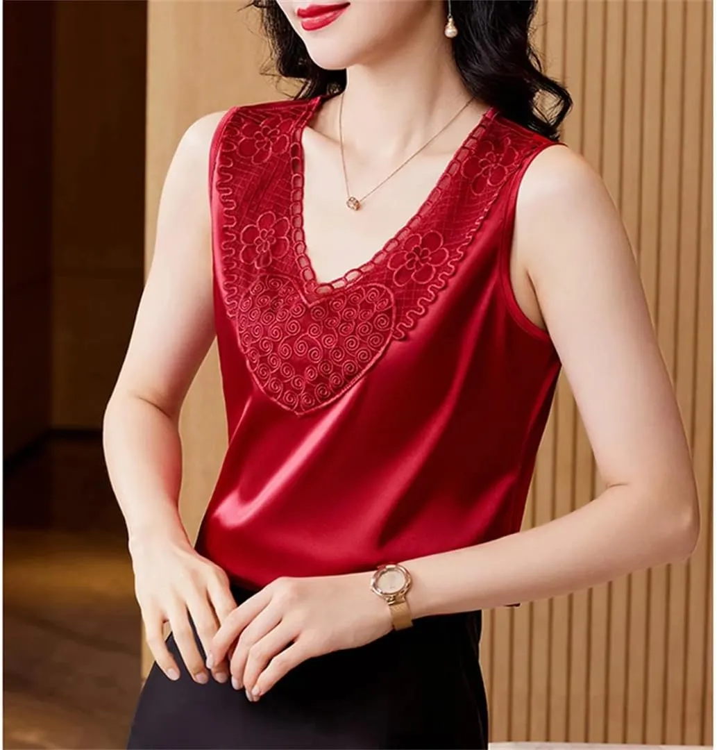 Women's Office Tank Tops Spring Summer Camisole Sleeveless Silk Satin Lace Vest
